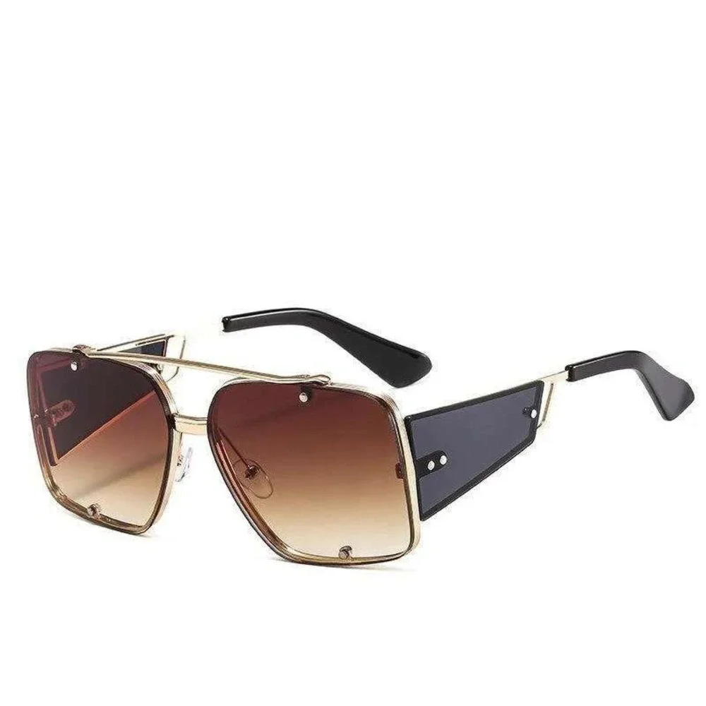 Flat Big‎ Lens Sunglasses Gold Metal Frame Men Shades Brown Lens Aviator UV400